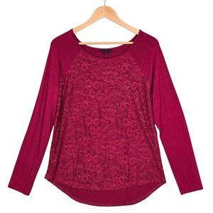 Kenneth Cole Women's Select Lace Panel Long Sleeve Top Berry Red Large